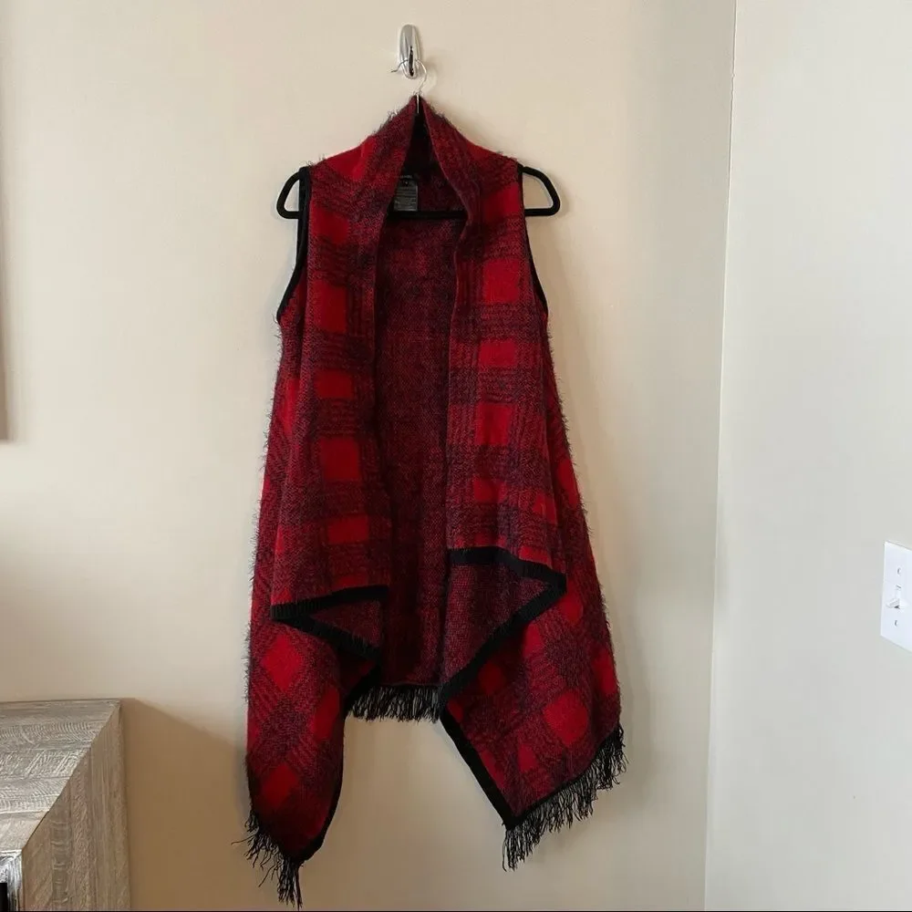Vertigo-Buffalo Plaid Eyelash/Fuzzy Open Waterfall Vest (Medium) - Picture 1 of 10